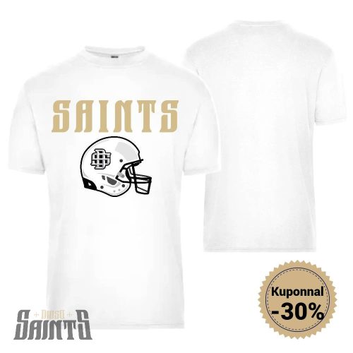Környakú póló fehér színben arany saints felirattal és sisakkal