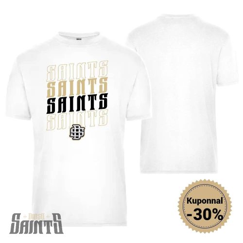 Környakú póló fehér színben saints felirattal és logóval